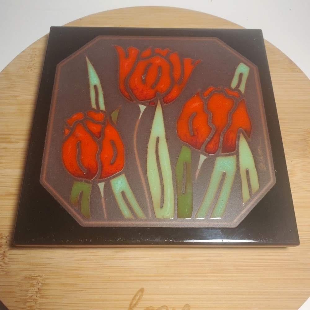 BESHEER Vintage Art Nouveau Tile Floral Wall Decor Hot Plate Trivet Hand Painted